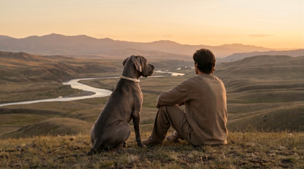 A dog and its owner watching the sunset